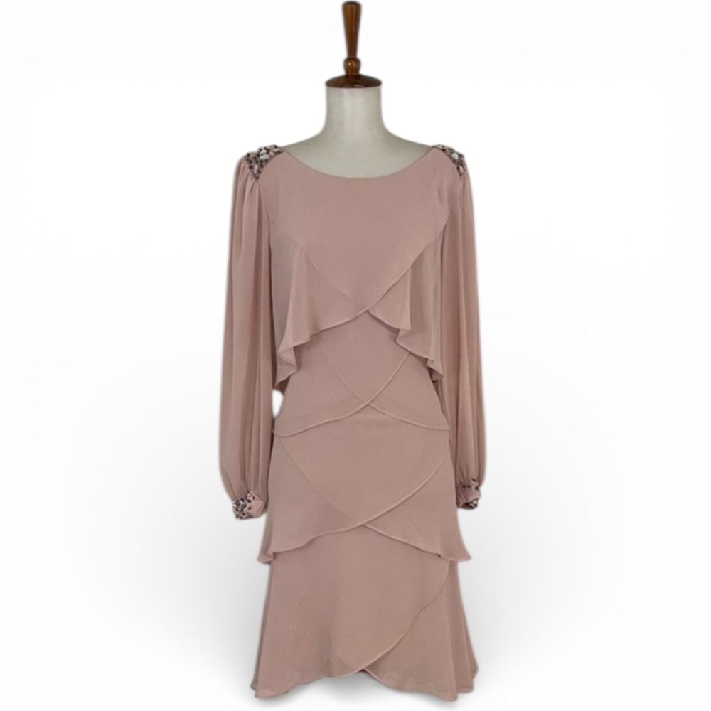Vintage 90s Shift Dress Women’s 8 Blush Pink Long Sheer Sleeve Embellished